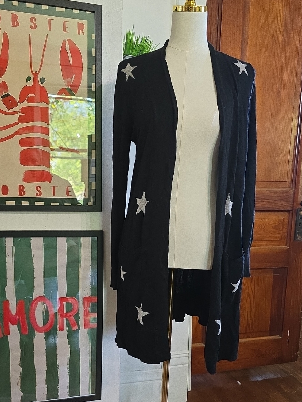Rachel Zoe Black Open-Front Long Star Cardigan Sweater